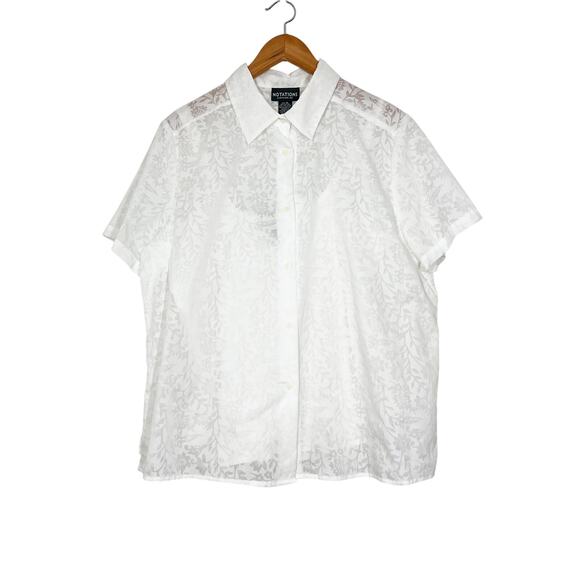 Vintage NOTATIONS Cotton‎ 2 Pcs Button Up Top White Floral Print Sheer Sz XL - Picture 1 of 9